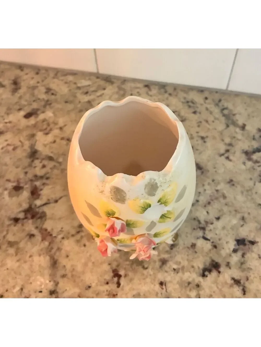 Vintage Ceramic Egg-Shaped Planter with Pink Floral Detailing